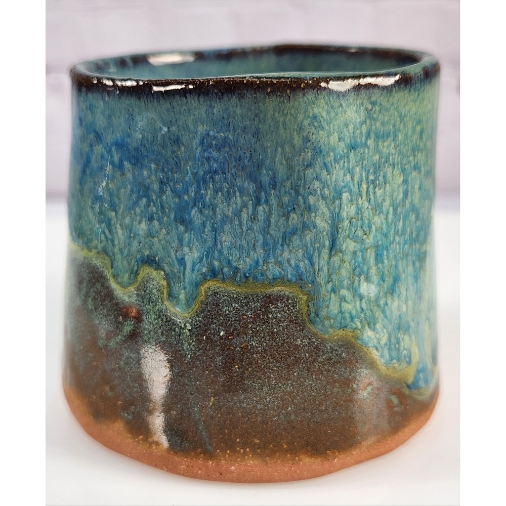 VTG Studio Stoneware Blue Brown Japanese Tea Tumbler Cup Artist Signed